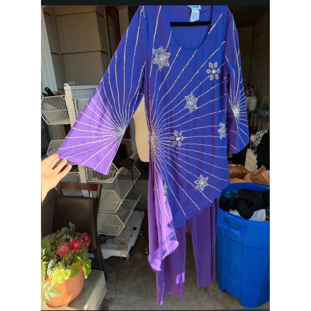 The Paragon Purple Sequin Star Sunburst Asymmetrical Tunic and Pants Set L
